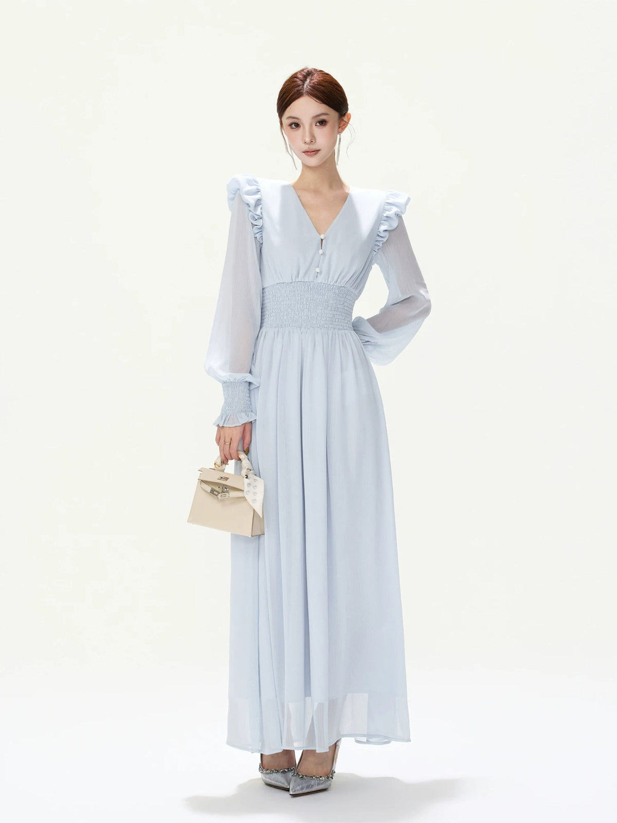 French Ruffle Chiffon Lantern Sleeve Dress