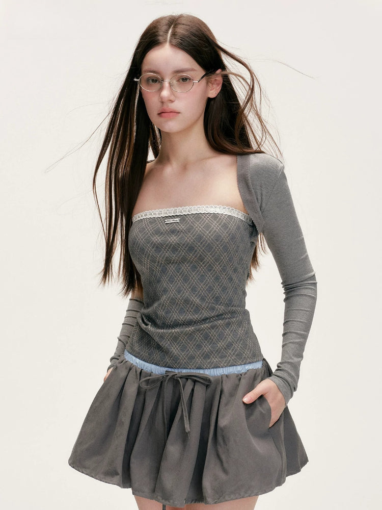 Contrast Lace-Trim Plaid Top Set