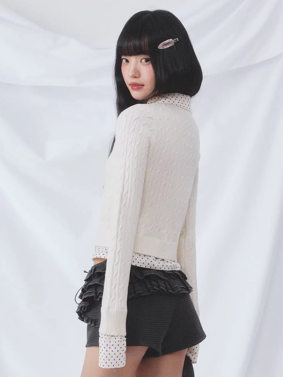 Polka Dot Faux Two-Piece Cardigan