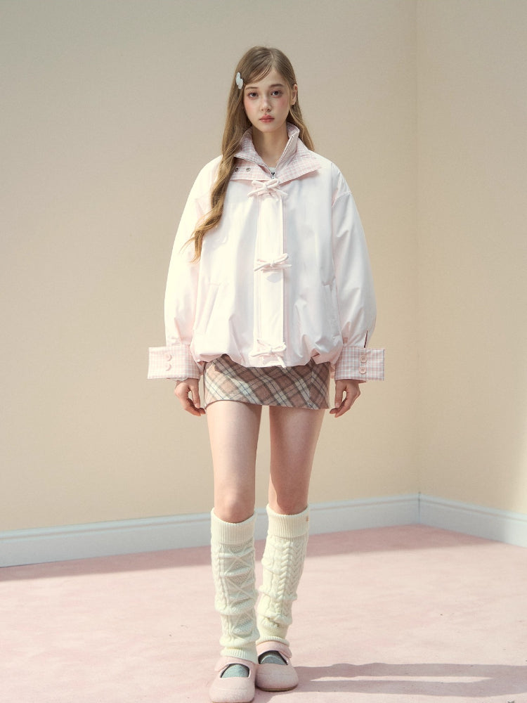 Pink Bow Plaid Down Puffer Jacket