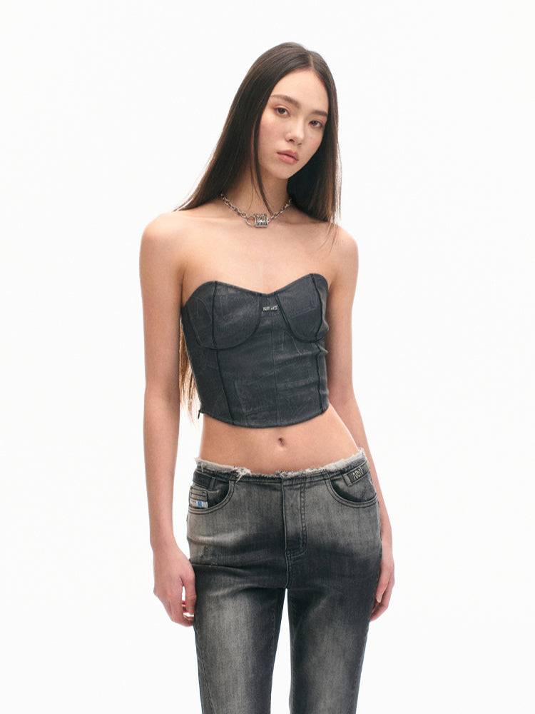Gray Eco-leather Adjustable Fitted Bustier