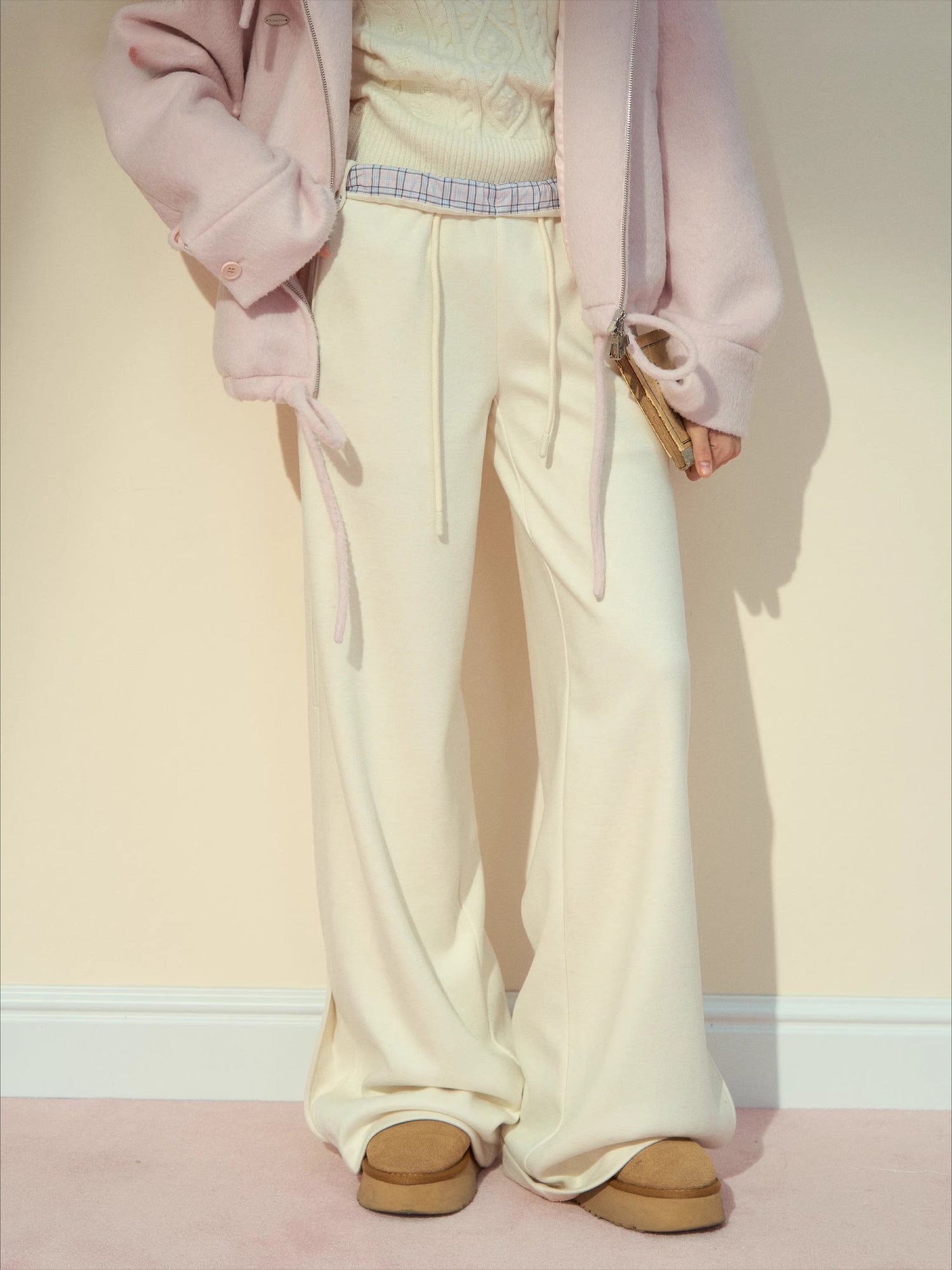 Checked Waist Wool Straight-Leg Pants