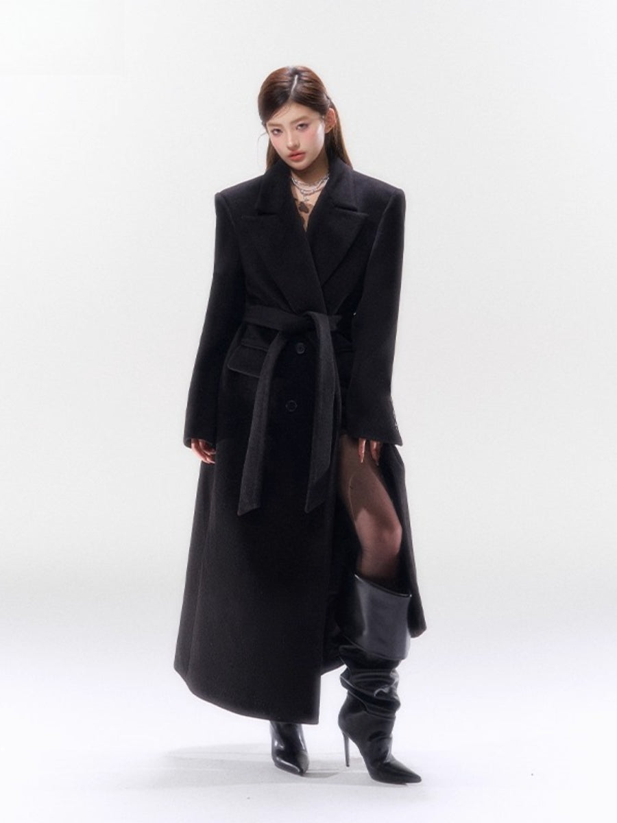 Hokkaido Wool-Blend Belted Lapel Long Coat