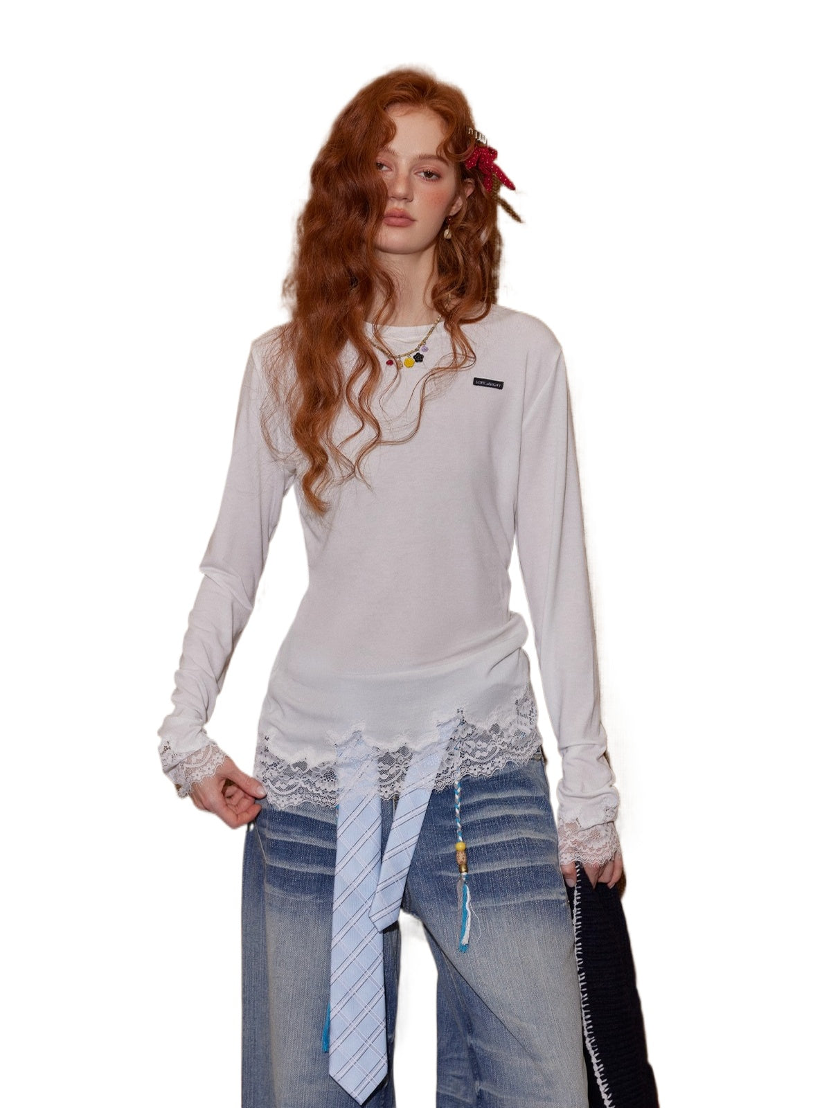 Lace Panel Long-Sleeve Top