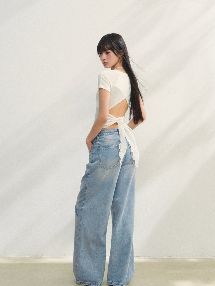 Embroidered Denim Wide-Leg Pants