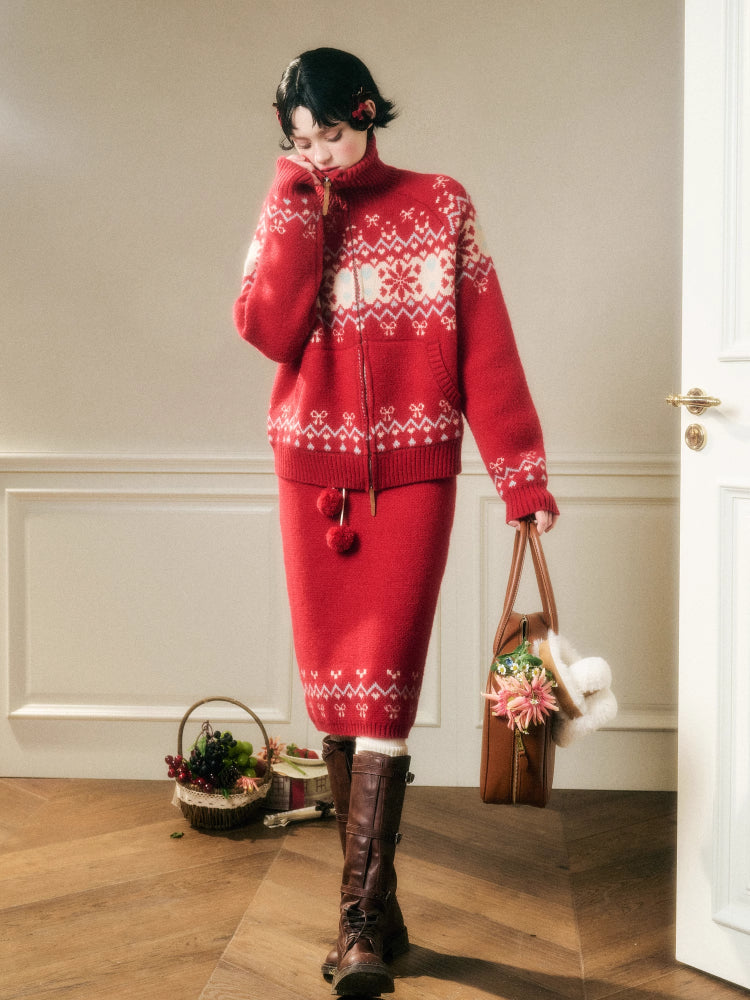 Warm Fabric Color Block Sweater & Skirt Set