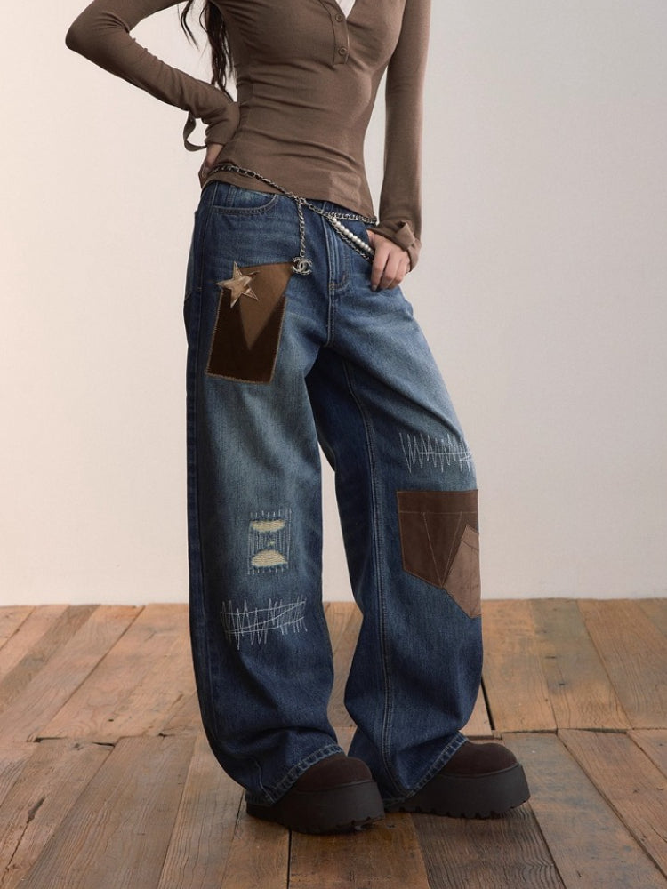 Patchwork Contrast Straight-Leg Jeans