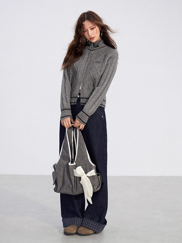 Contrast Zip Cable Sweater