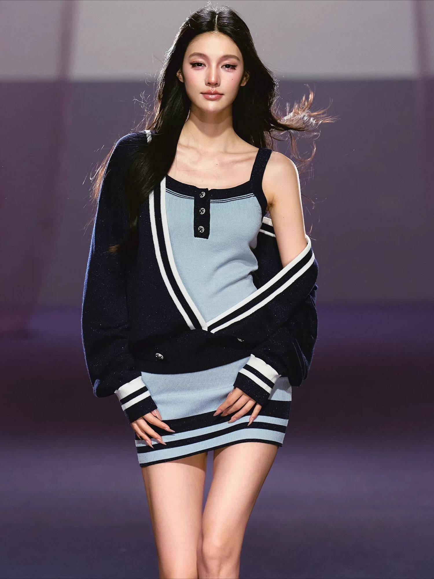 Blue V-Neck Knit Cardigan & Dress Set