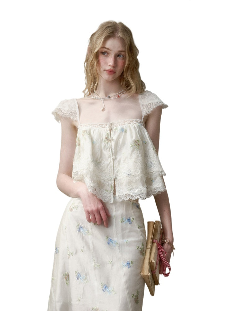 Lace Embroidery Flower French - Style Shirt & Skirt Set