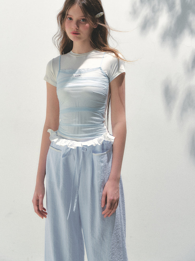 Contrast Color Fake Two-piece Mesh Lace Short-sleeve T-shirt
