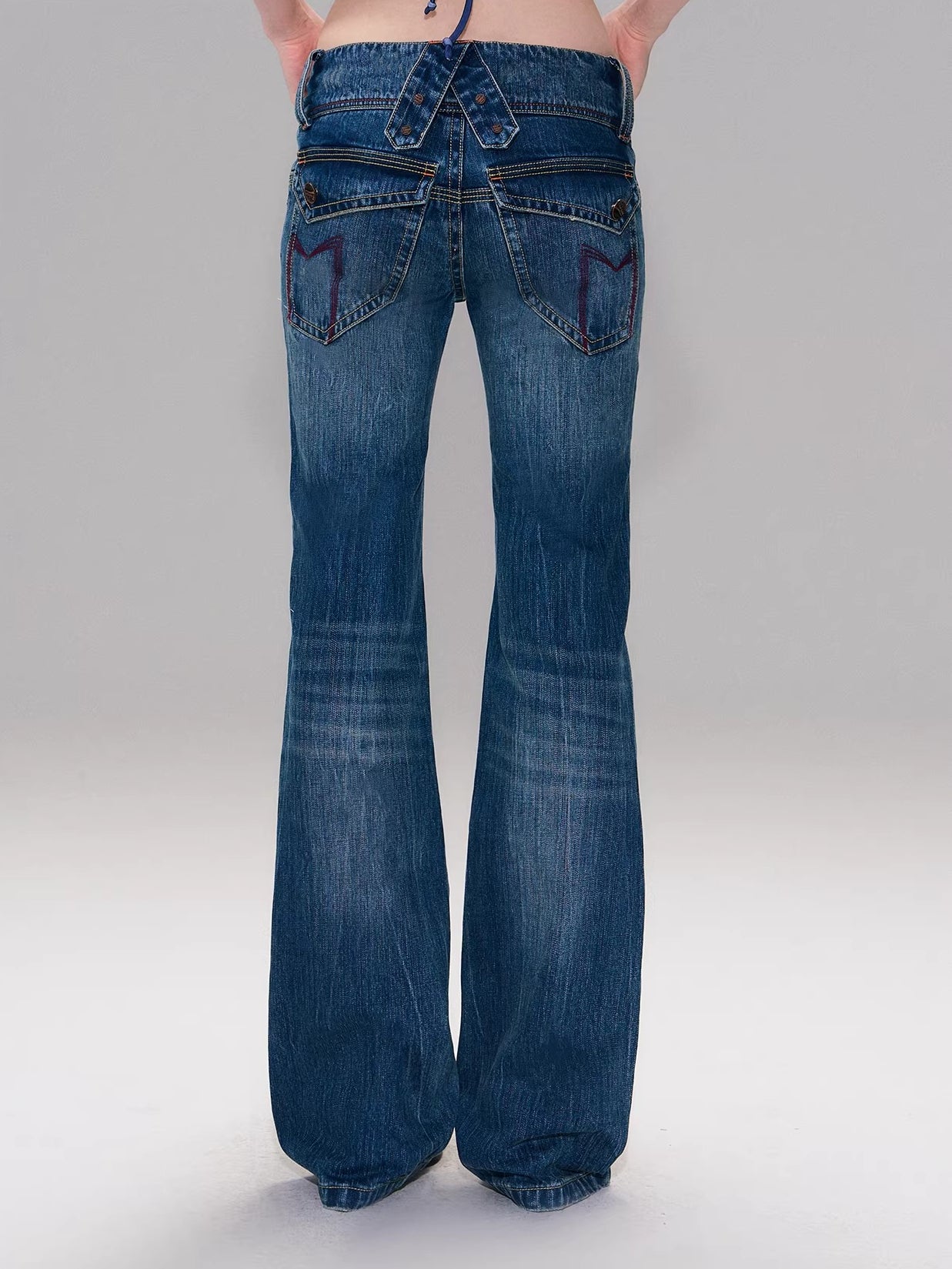 Dark Blue Vintage Hand-Brushed Flare Jeans