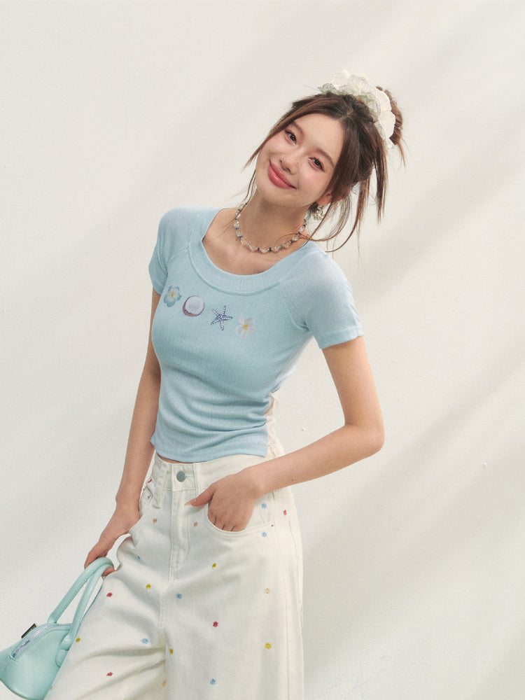 Crew Neck Printed Backless Embroidered T-Shirt
