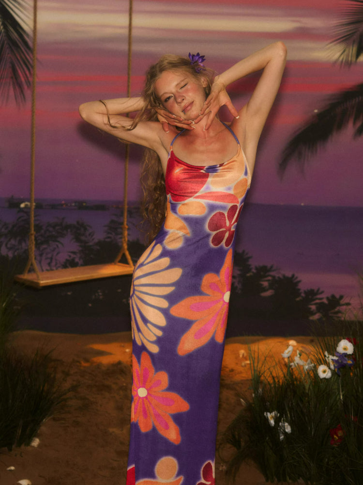 Floral Cowl Neck Backless Maxi Dress