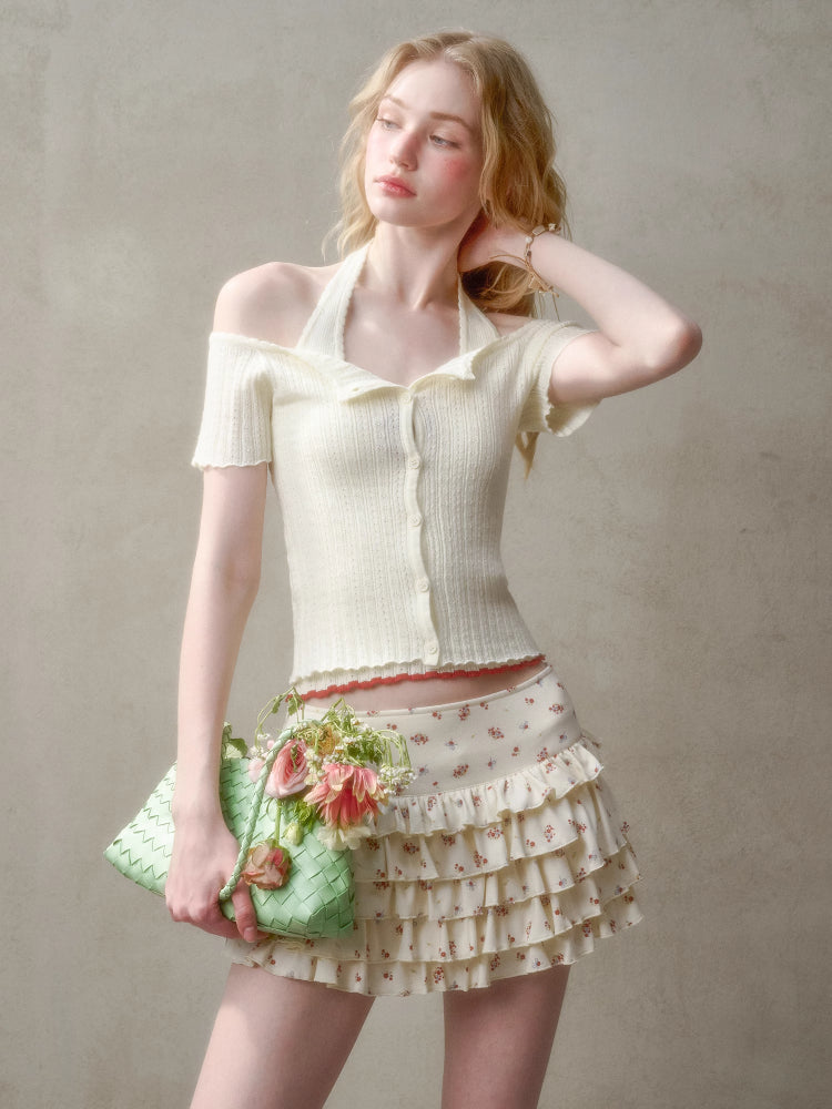 Hollow-out Color-blocking Knit Top