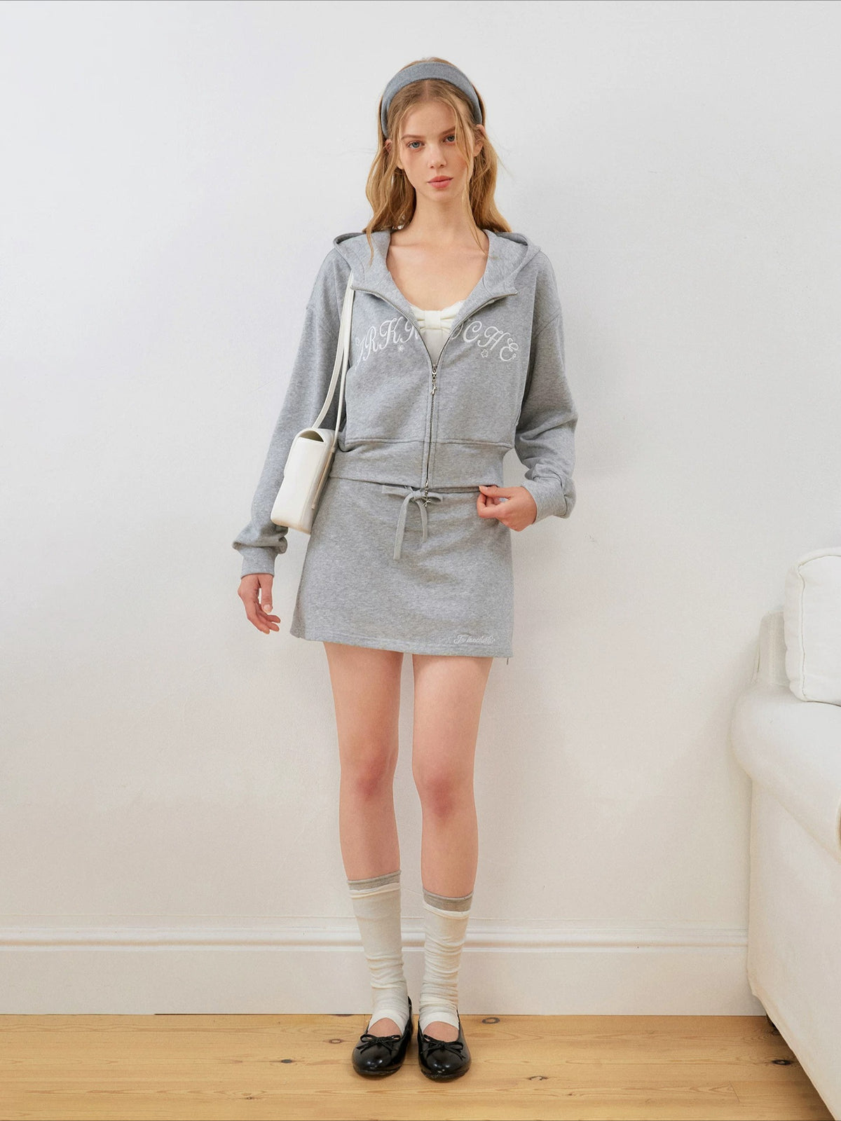 Contrast Embroidered Zip Hoodie & Skirt Set