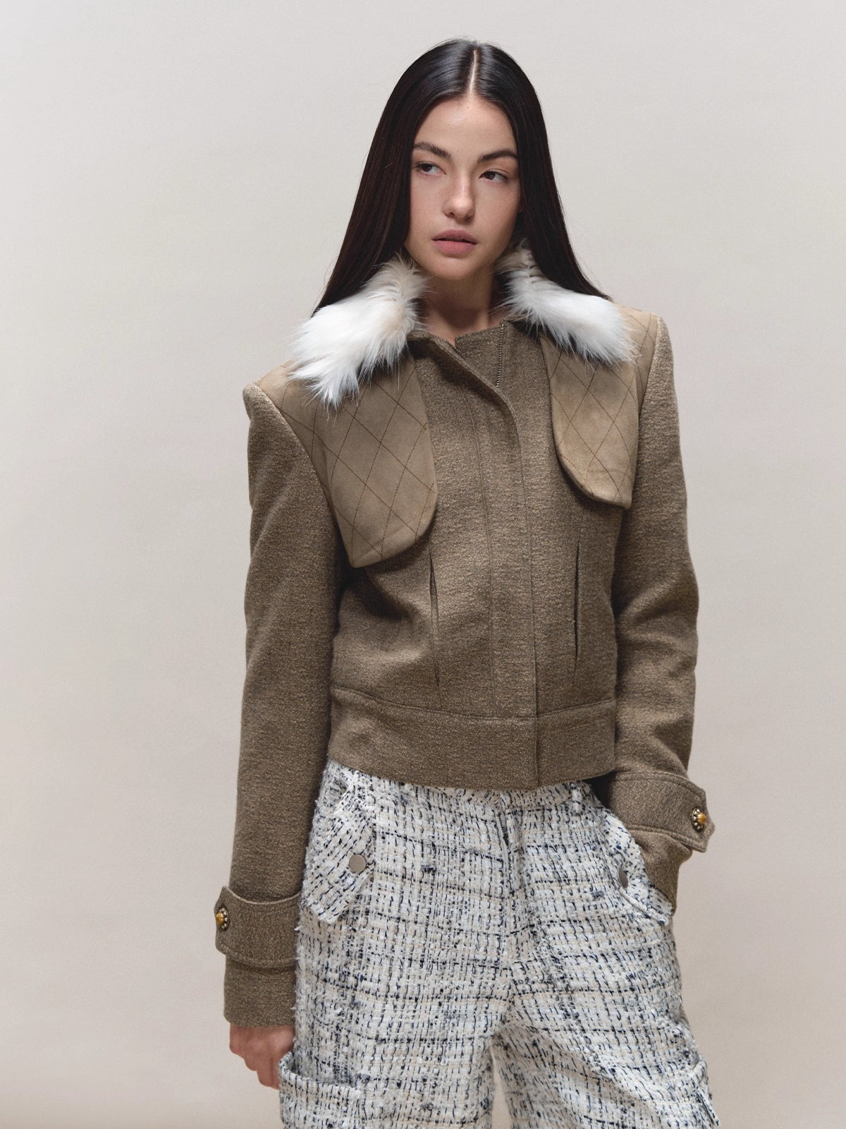 Contrast Quilted Fur-Collar Jacket