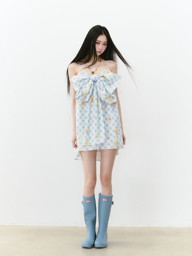 Plaid Floral Bow Print Spaghetti Strap Dress