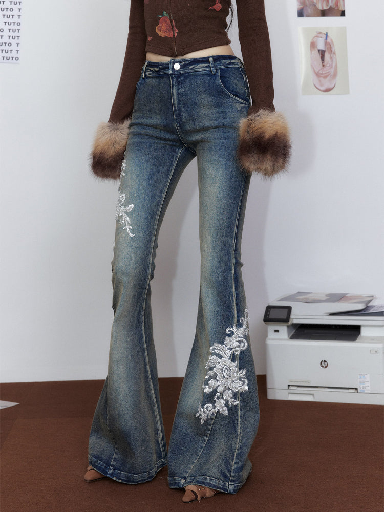 White Embroidered Flared Washed Denim Jeans