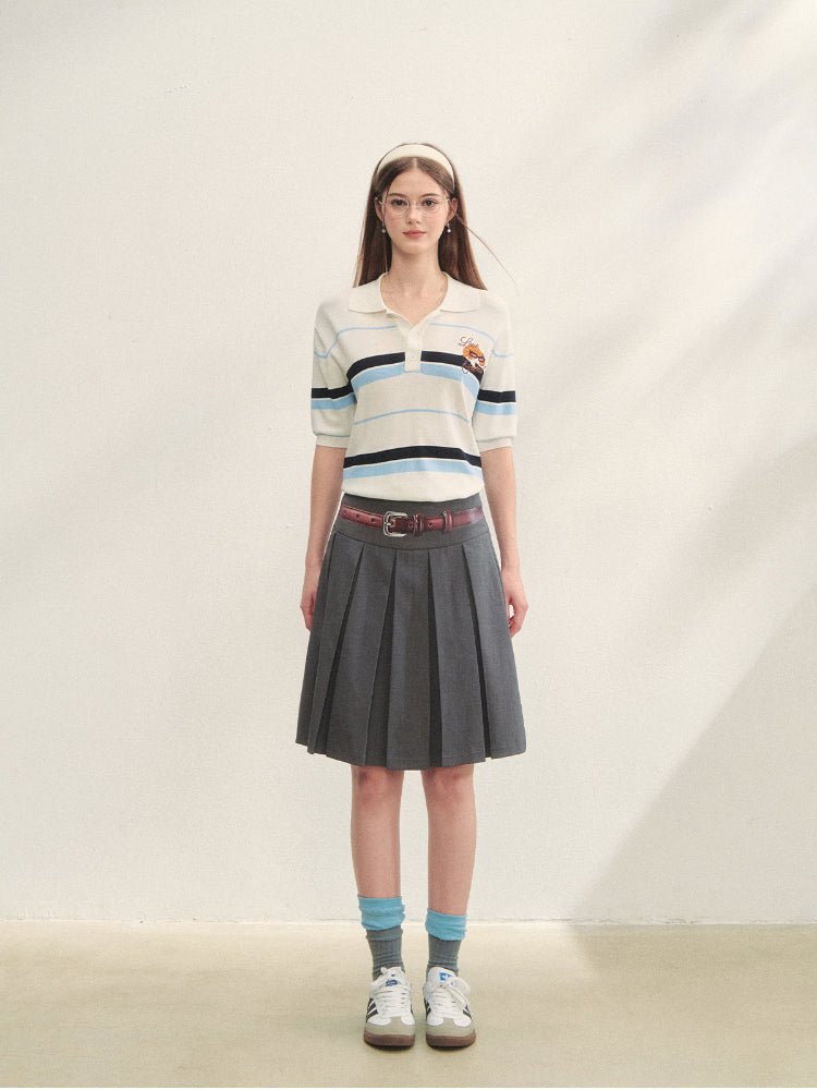 Fake Two-piece Printed Belted Pleated Skirt