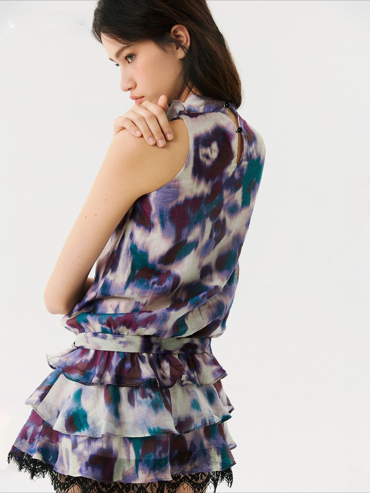 Purple Patterned Halter Lace Dress