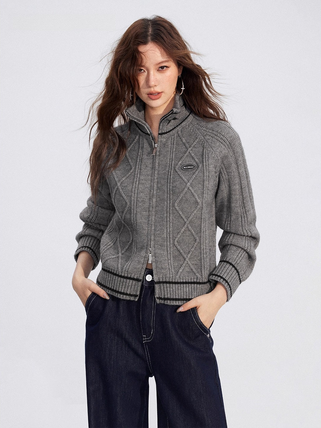 Contrast Zip Cable Sweater
