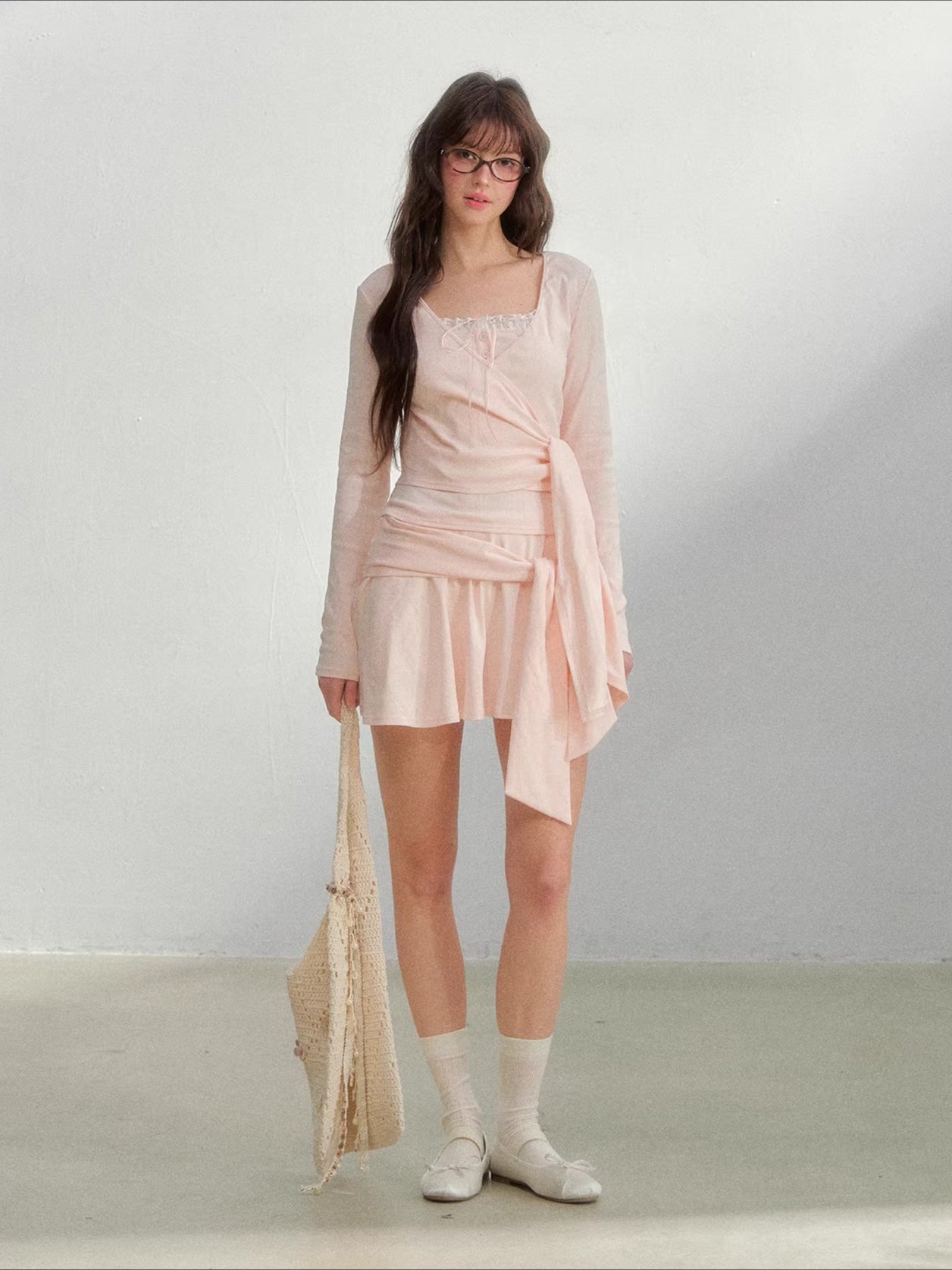 Deep V-neck Blouse & Cami & Skirt Set