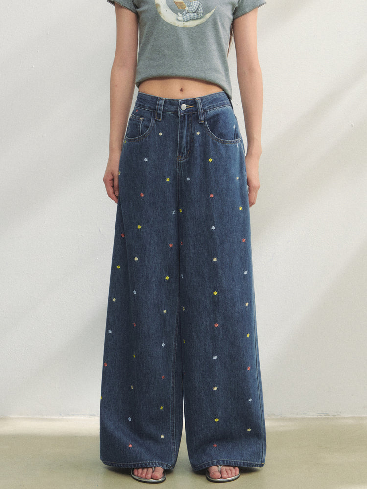 Colorful Floral Embroidered Straight-Leg Jeans