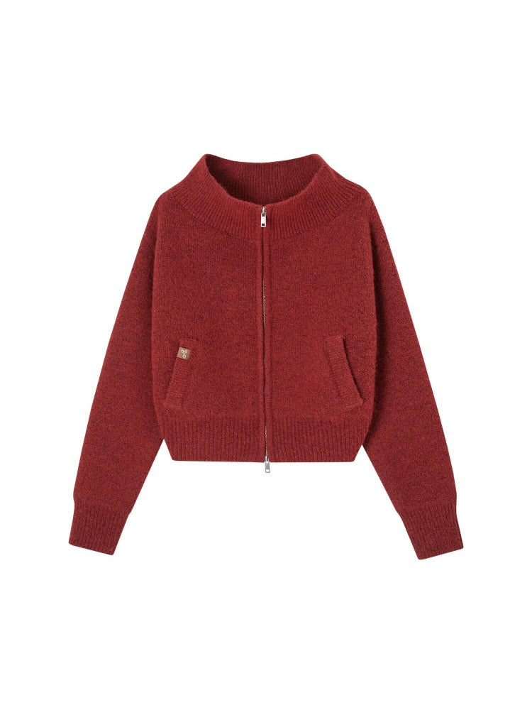 Red Off Shoulder Zip Cardigan