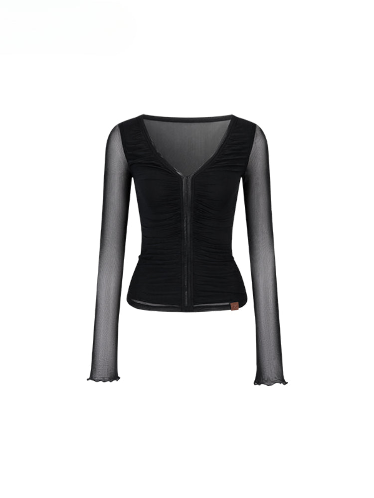 V-Neck Ruffled Mesh Slim Long-Sleeve Blouse