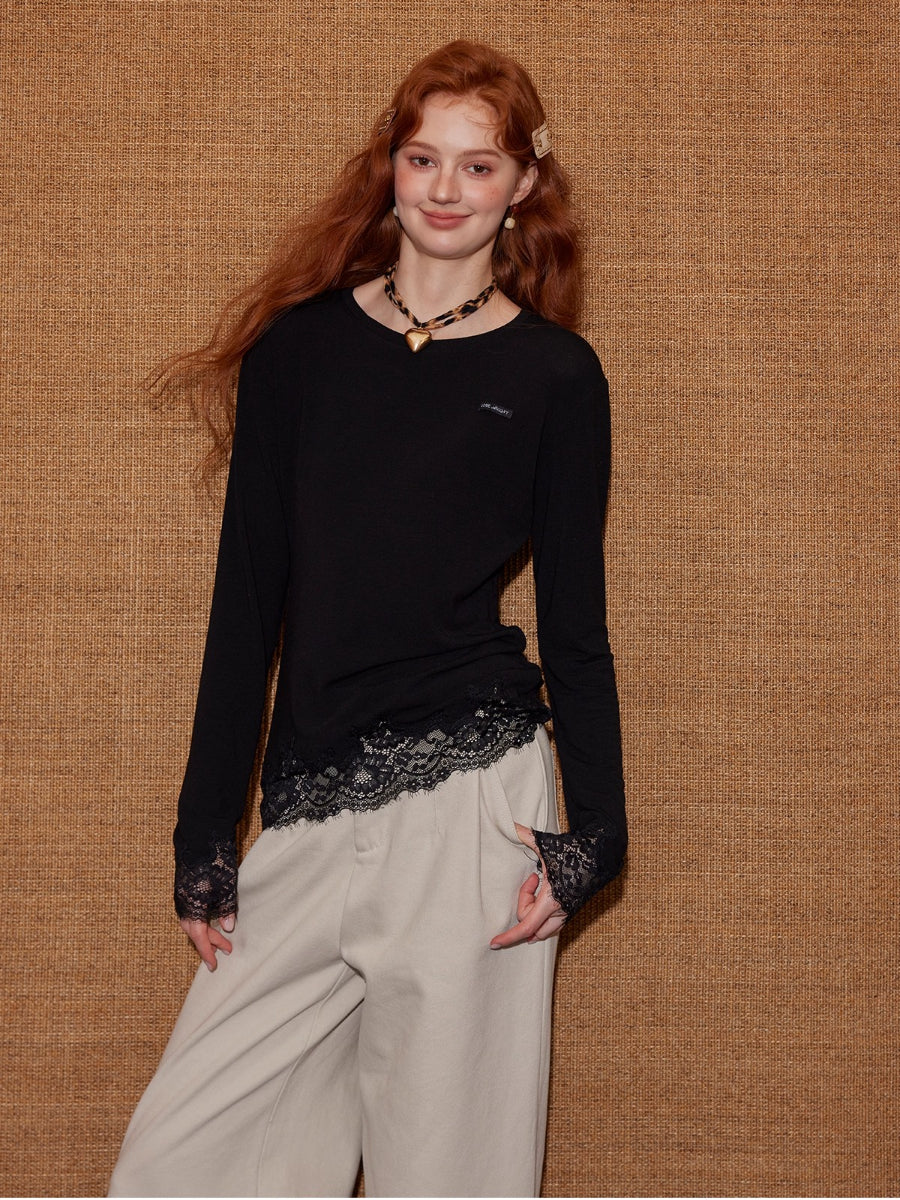 Lace Panel Long-Sleeve Top