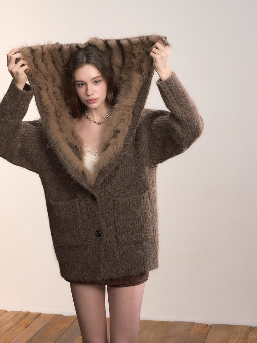 Fox Fur Large Notch Collar Cardigan