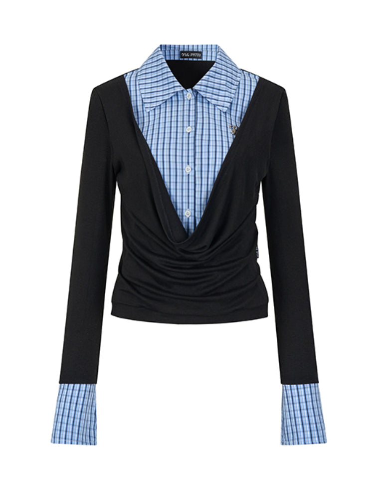 Fake Two-Piece Plaid Spliced Shirt