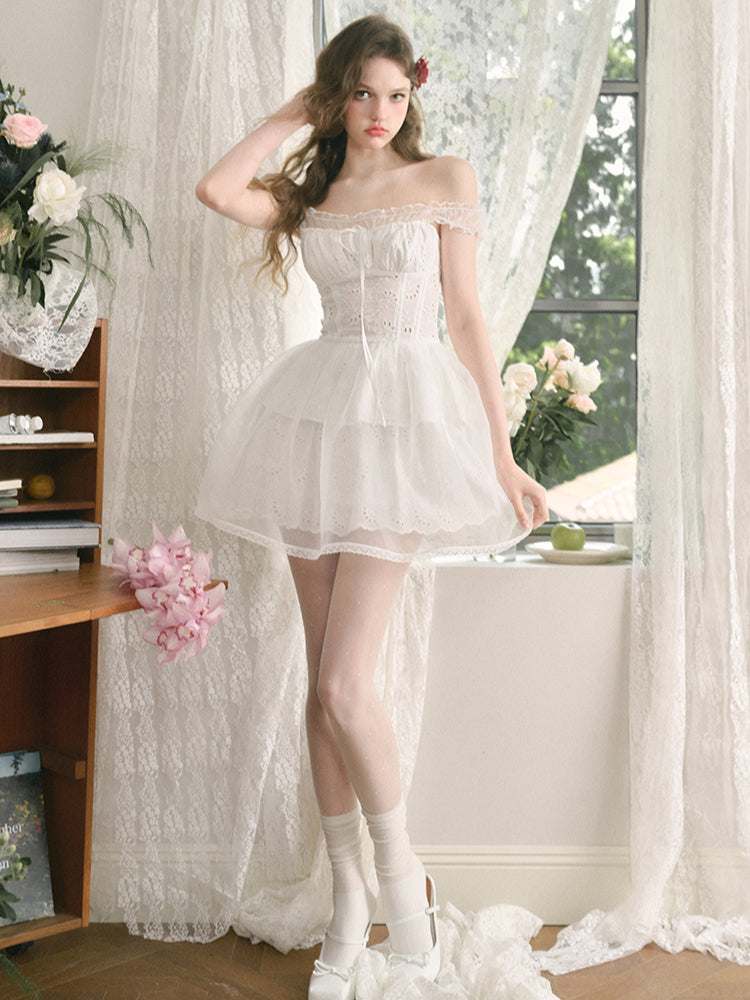 White Embroidered Puff Dress