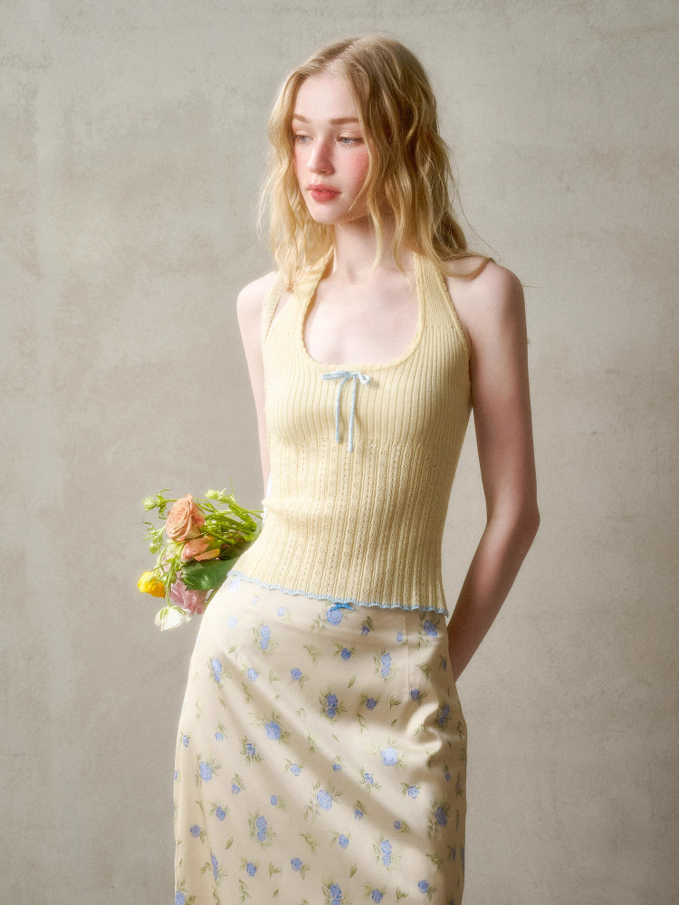 Hollow-out Color-blocking Knit Top