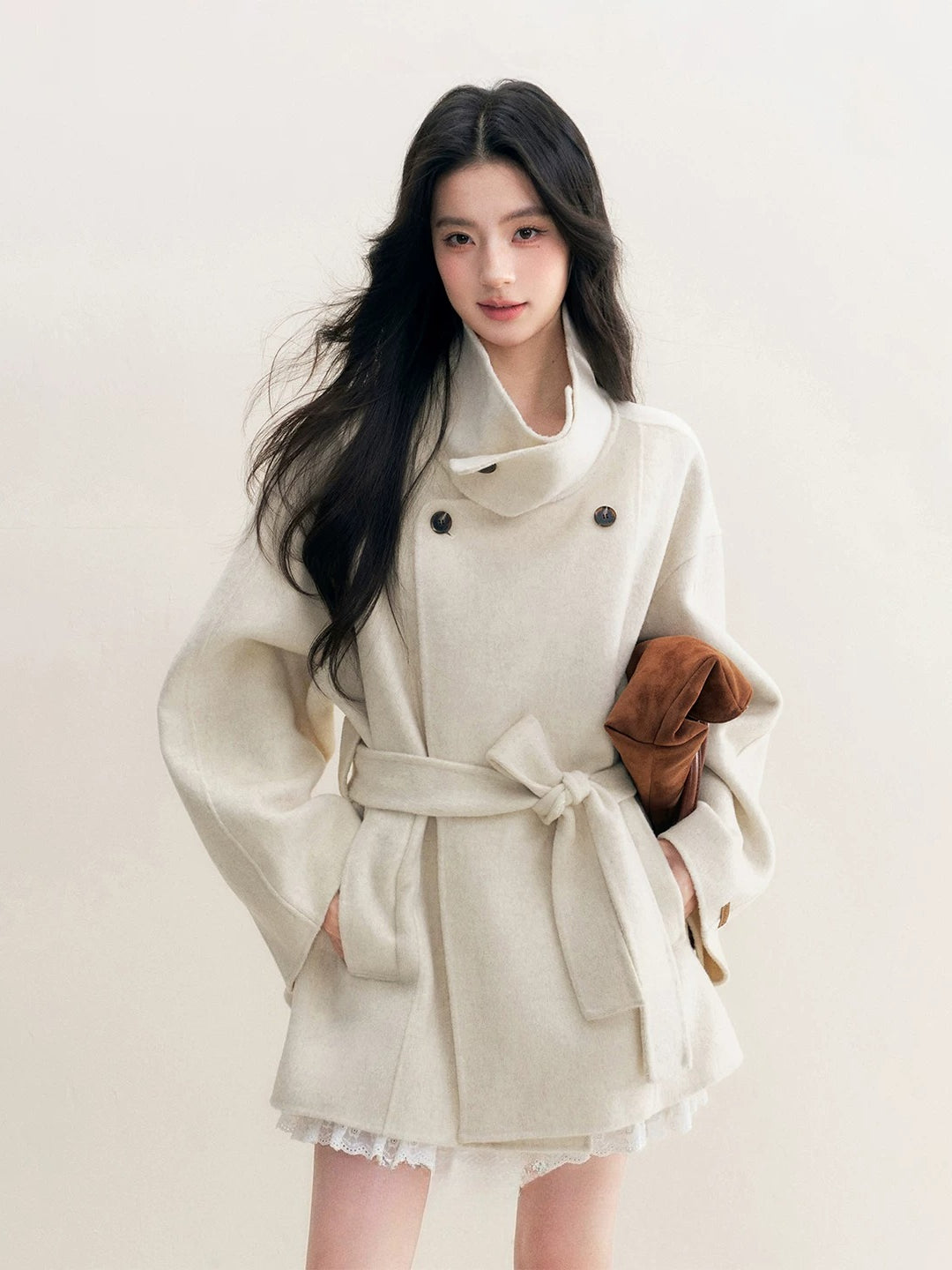 White Stand Collar Wool Coat