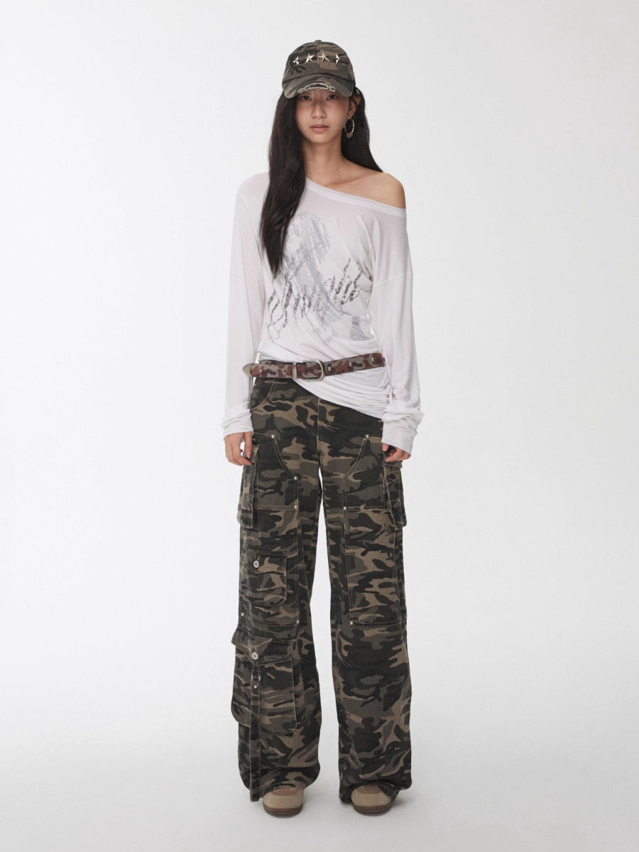Washed Camo Multi-Pocket Cargo Wide-Leg Pants