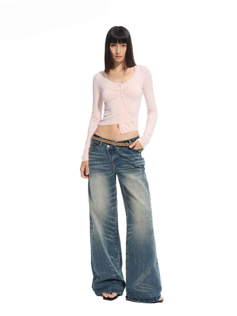 Washed Denim Low-waist Wide-leg Pants