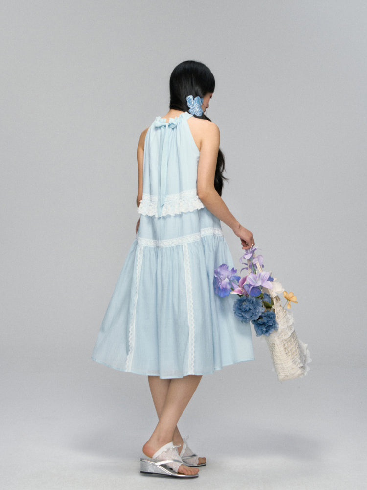 Halter Off-shoulder Lace-trimmed Dress