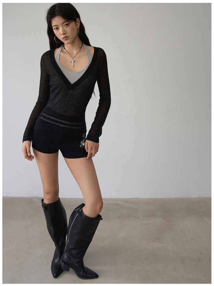 Fake Two-Piece Halter V-Neck Knit Sweater