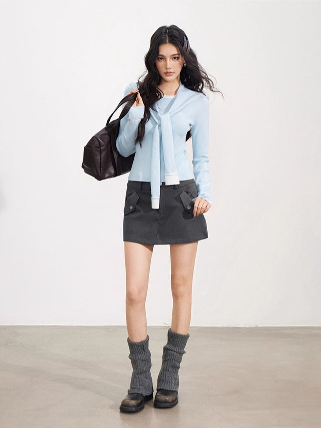 Gray & Blue Shoulder Crewneck Layer & Cape Set