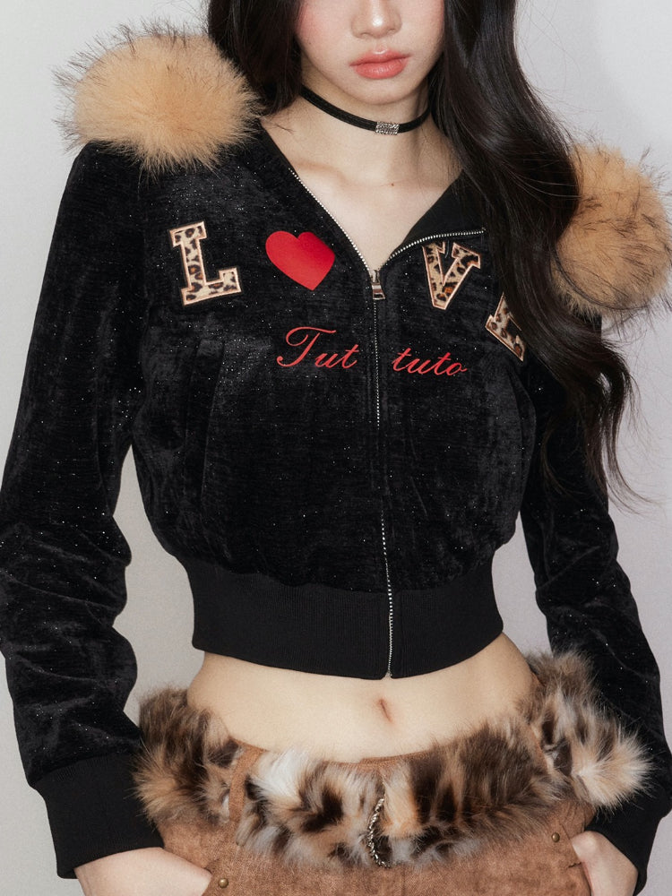 Leopard Print Embroidered Hooded Sweatshirt & Pant Set