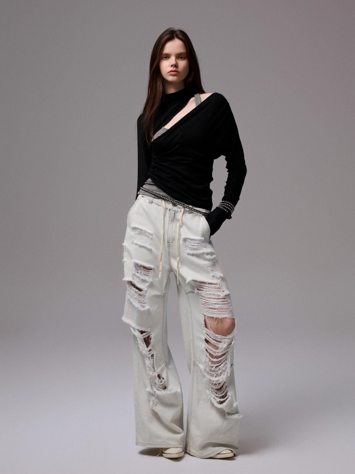 Draped Lyocell Wool Cutout Blouse