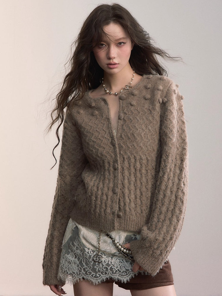 Pom-Pom Textured Knit Cardigan