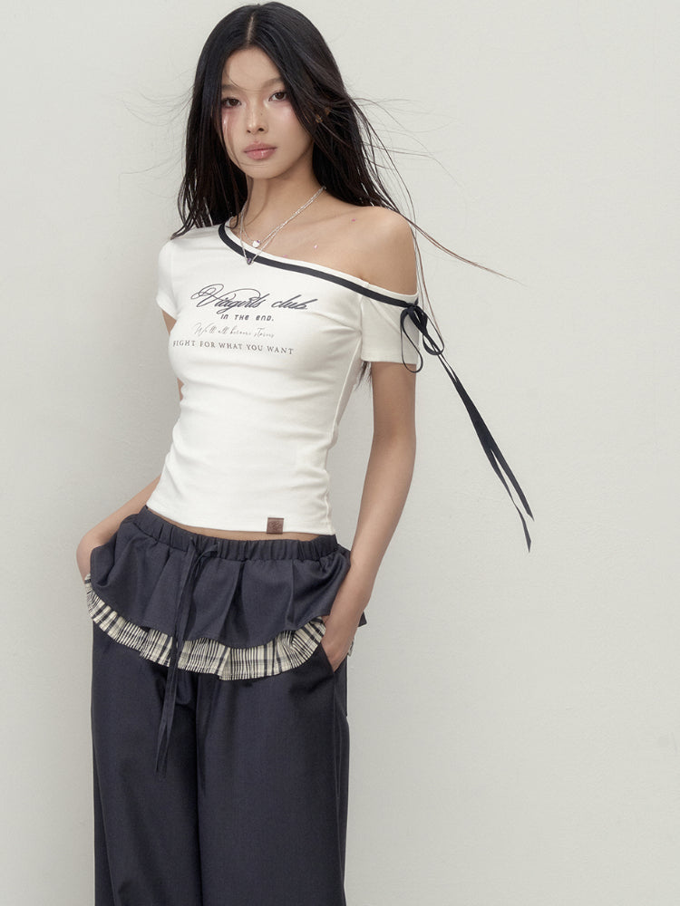 Off-Shoulder Letter Print Short Sleeve T-shirt