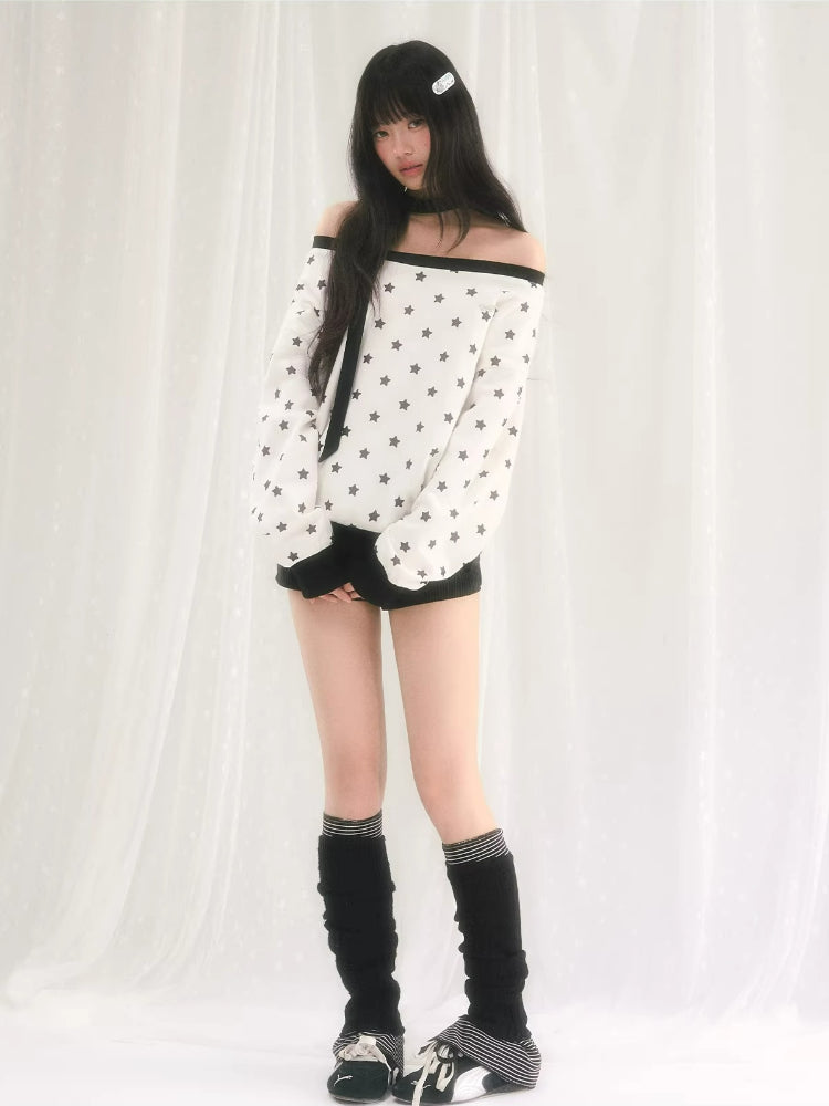 Star Print Off-Shoulder Sweatshirt