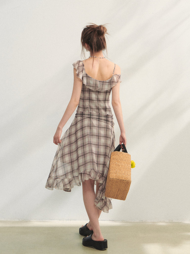 Checkered Print Asymmetrical Slip Dress