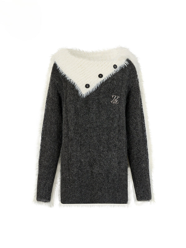 Wool Patchwork Asymmetrical Shoulder Pullover Sweater
