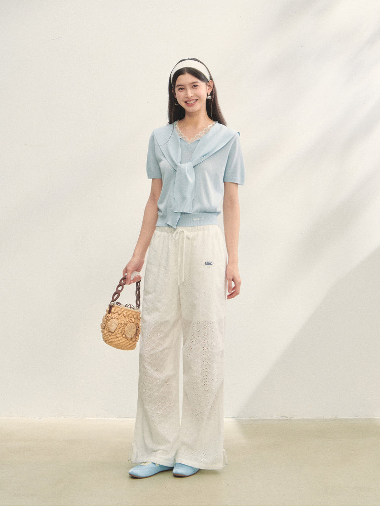 Hollow Embroidery Tie-up Casual Pants