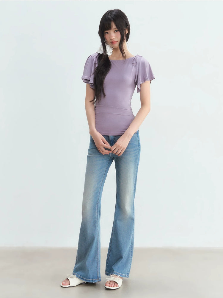 Purple Bow Tie Puff Sleeve Top